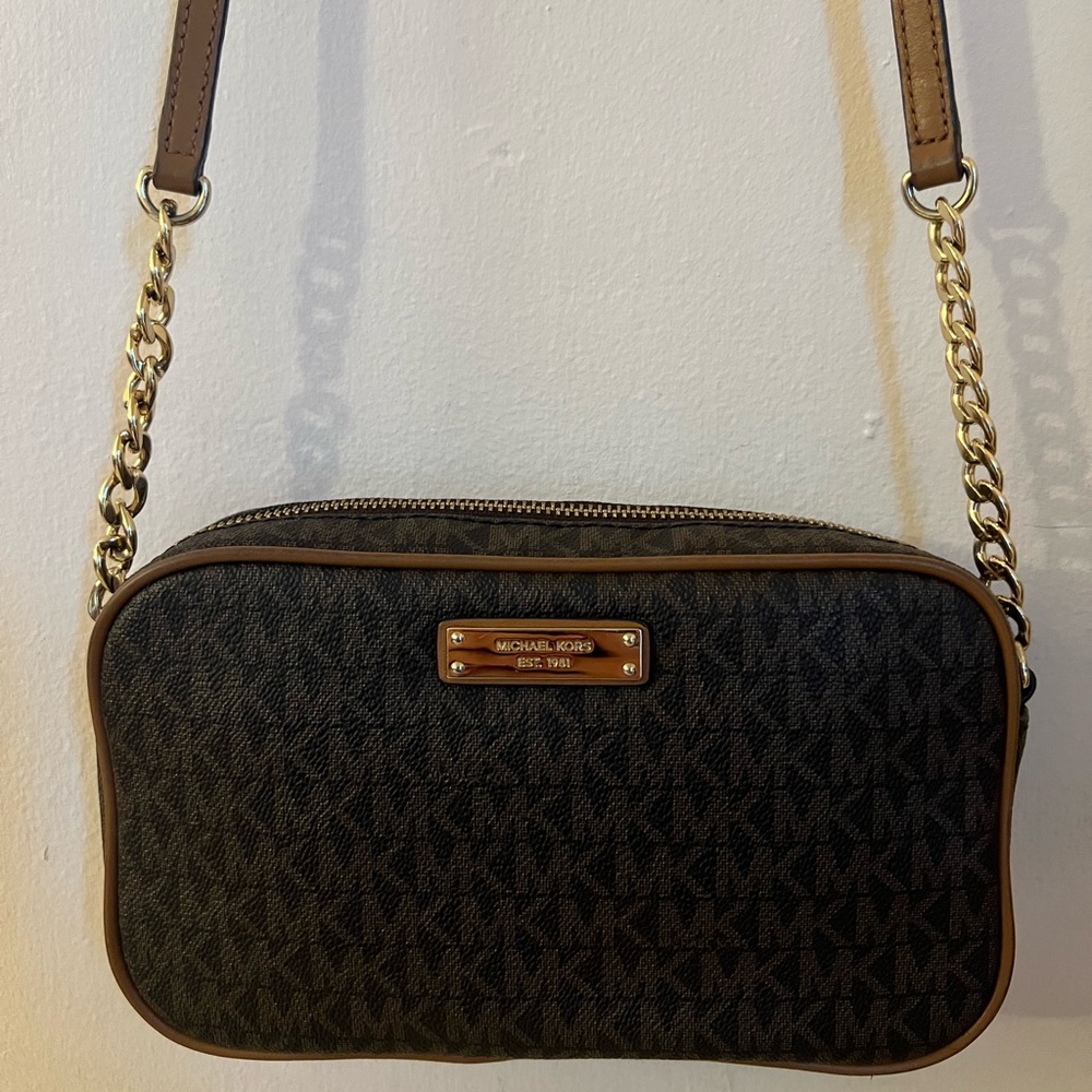 Michael Kors brown logo crossbody with gold hardware details